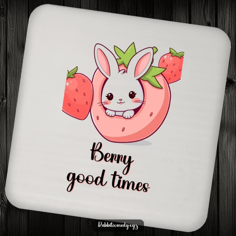 Funny Kawaii rabbit peeking from a giant strawberry hole, protecting surfaces with this humorous coaster set.
