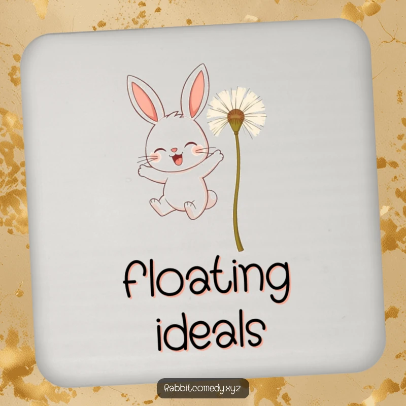 Funny drink coaster with a determined rabbit character attempting to fly using giant dandelion seeds, a whimsical addition.