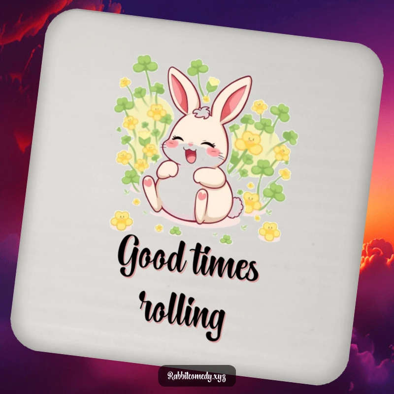 Funny giggling rabbit character, belly up, rolling in clover, humorous drink coaster for cheerful homes.