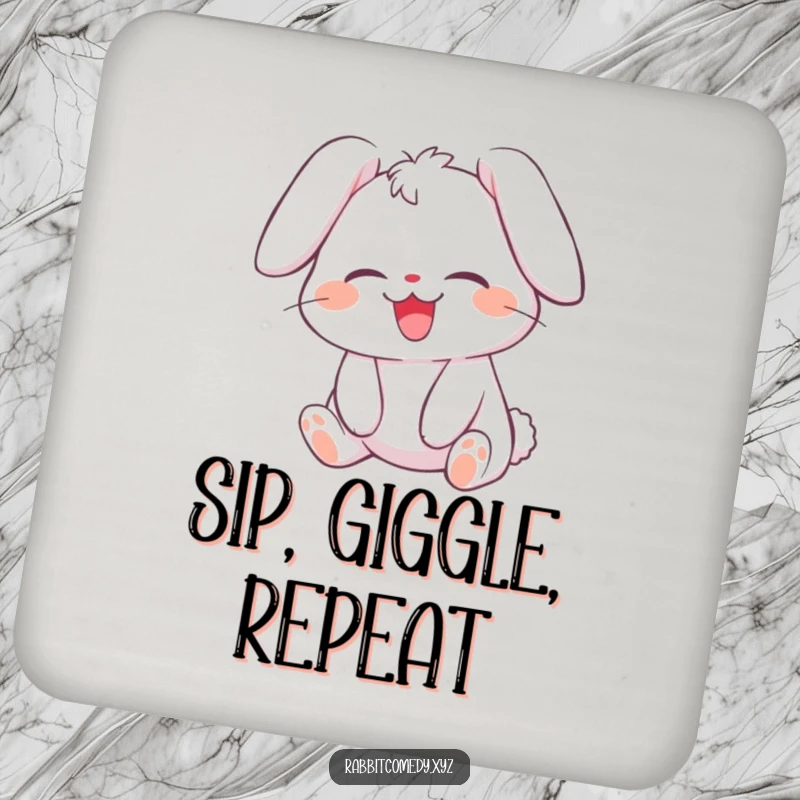 Funny drink coasters featuring a giggling rabbit character rolling with laughter, adding cheerfulness and surface protection.