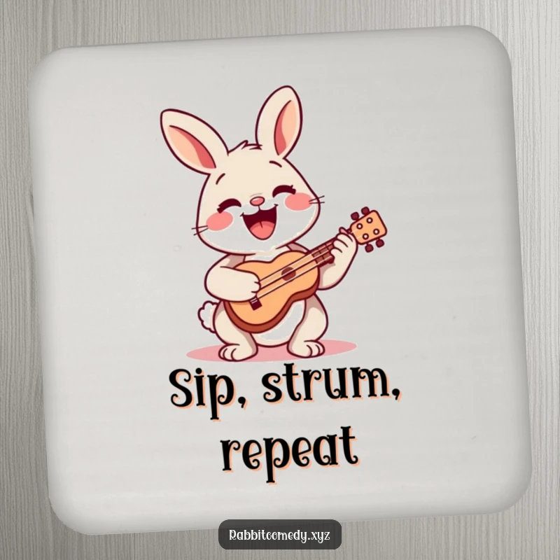 Funny drink coaster featuring a happy rabbit character playing a tiny ukulele with a wide smile.