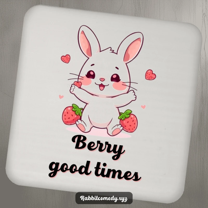 Funny drink coaster, a playful rabbit character juggling bright berries with a happy, concentrated expression, a fun and protective accessory.