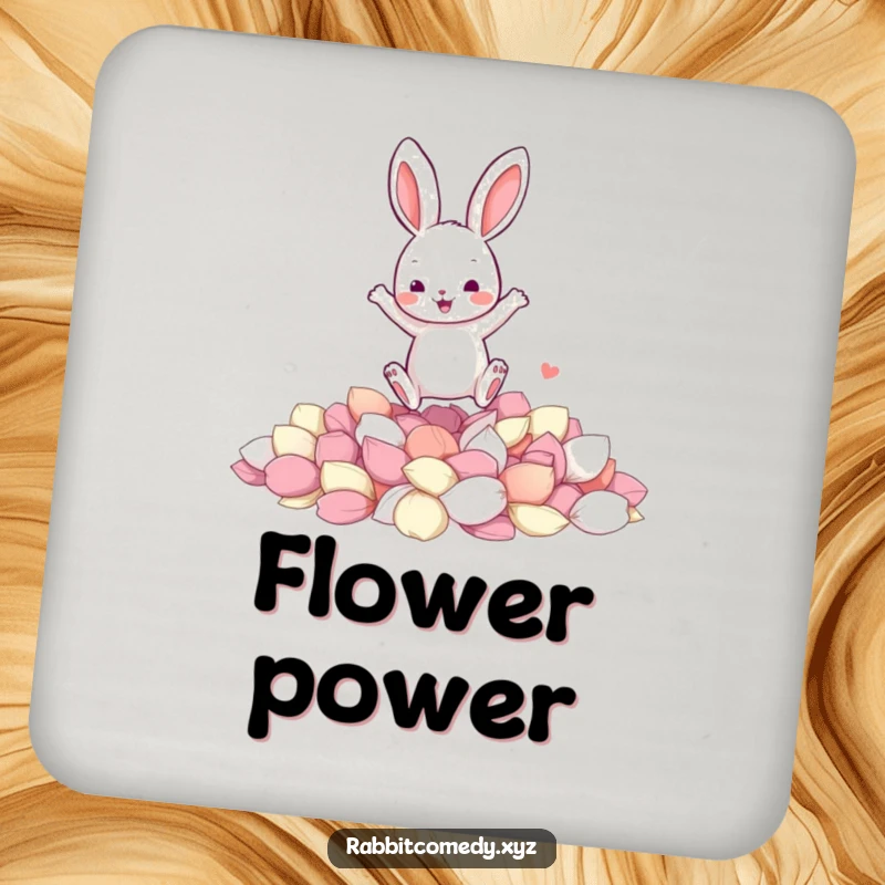 Funny drink coaster with a jumping rabbit character joyfully landing in a soft pile of colorful flower petals.