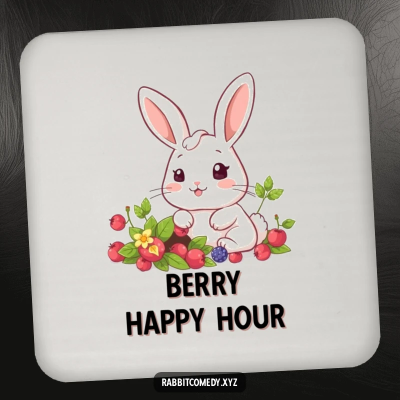 Funny kawaii rabbit with a surprised expression finding a hidden berry patch on a protective drink coaster.