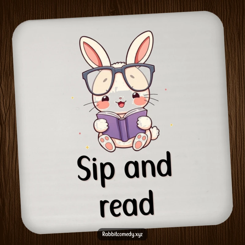 Funny Coaster: A kawaii rabbit with big glasses reads, adding humorous and intellectual flair to protect your tables.