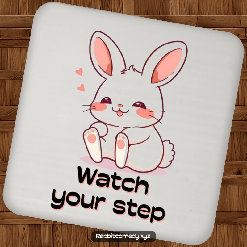 Funny Kawaii rabbit tripping comically with a blush on a drink coaster, offering a humorous and protective surface.
