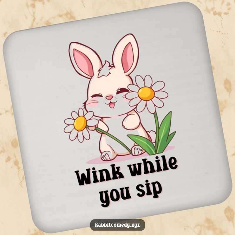 Funny drink coasters featuring a mischievous rabbit winking behind a laughing daisy, offering surface protection with a smirk.