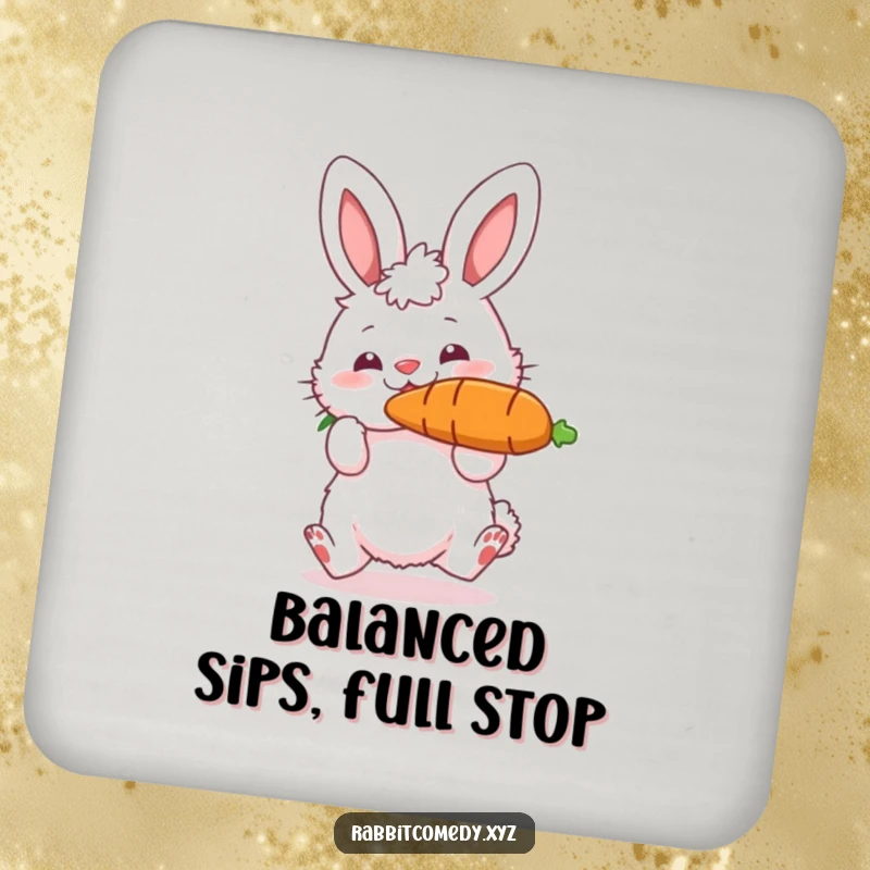 Funny drink coasters featuring a fluffy rabbit character bouncing a large carrot on its nose, adding a humorous and playful touch to any beverage.