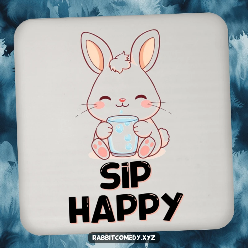 Funny cute kawaii rabbit drink coaster, illustrating a content bunny smiling while drinking a dewdrop, adding serene humor to tables.