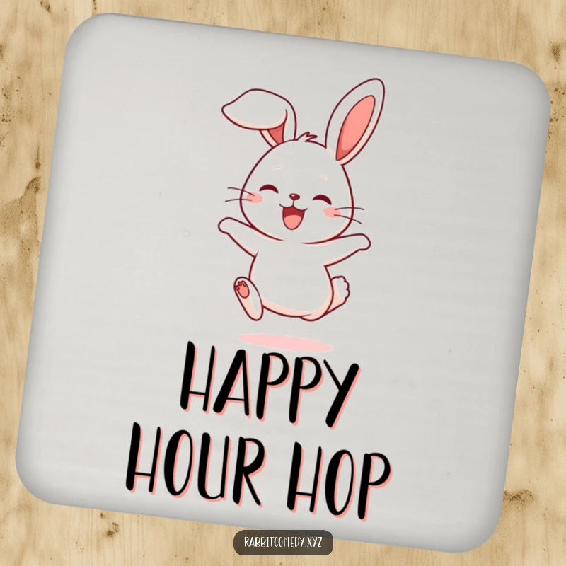 Funny drink coaster with a cute rabbit character hopping joyfully, ears flopping, adding humor to surfaces.