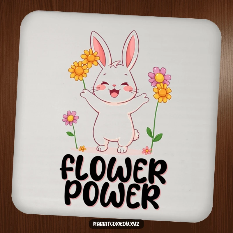 Funny drink coaster featuring a happy rabbit character juggling three colorful wildflowers, protecting surfaces with style.