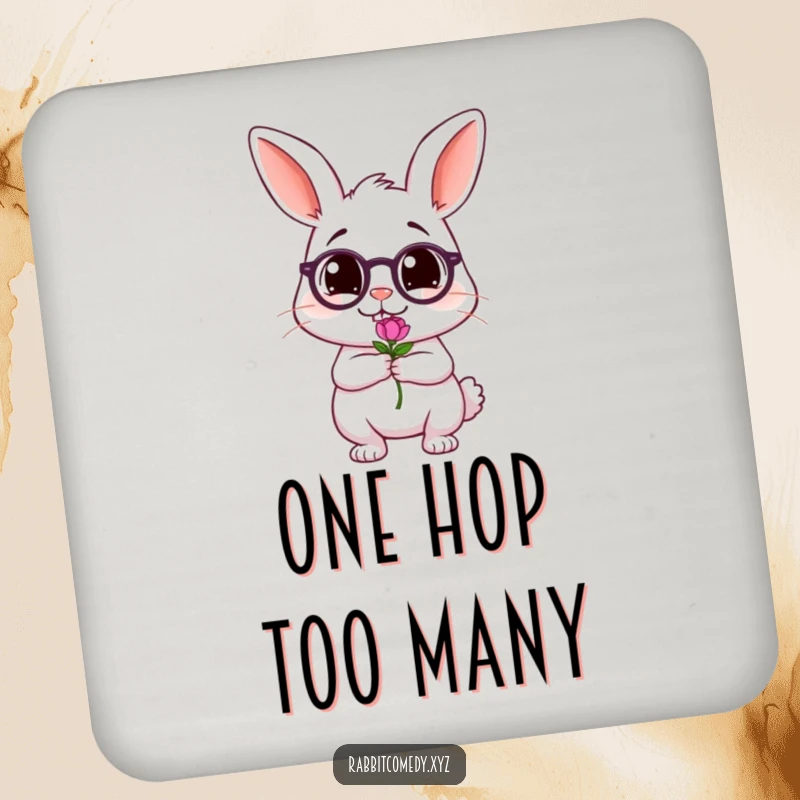 Funny drink coaster showcasing a tipsy rabbit character wobbling while holding a small flower, adding a humorous element to tabletops.