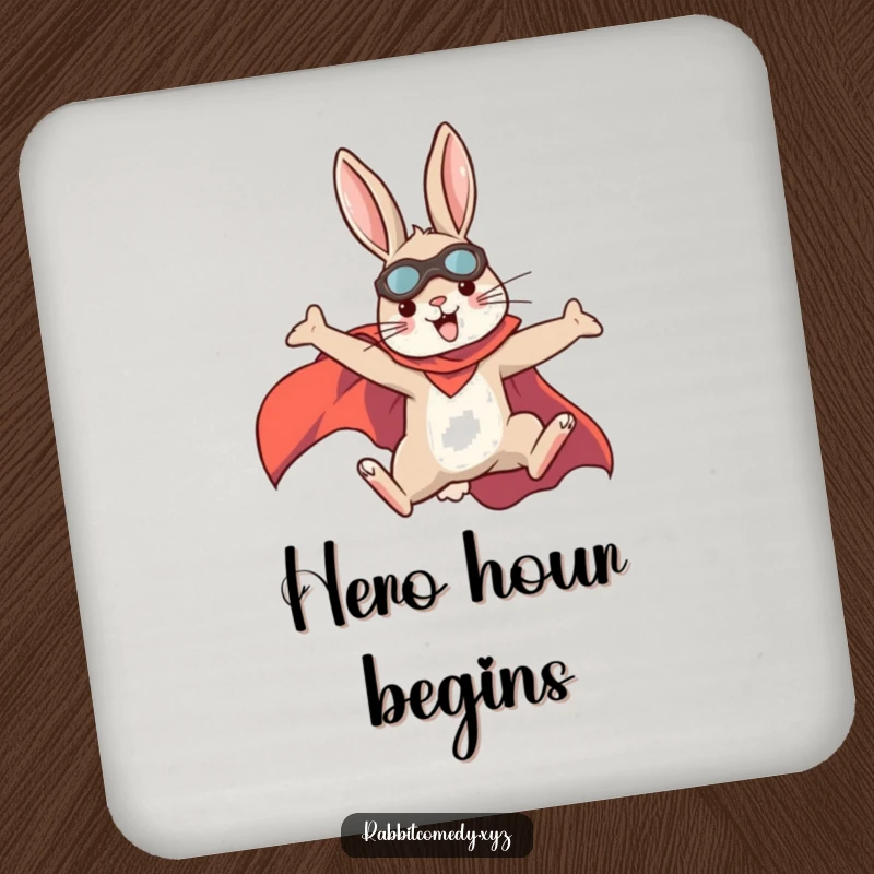 Funny rabbit superhero drink coaster, leaping with power, protecting surfaces with heroic charm, a small funny gift.