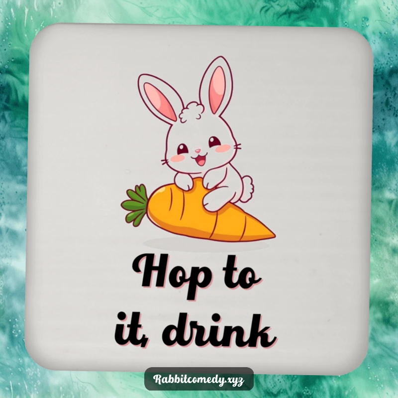 Funny Drink Coaster: A fluffy, kawaii rabbit character hops over a giant carrot, protecting surfaces with cute humor, a funny gift.