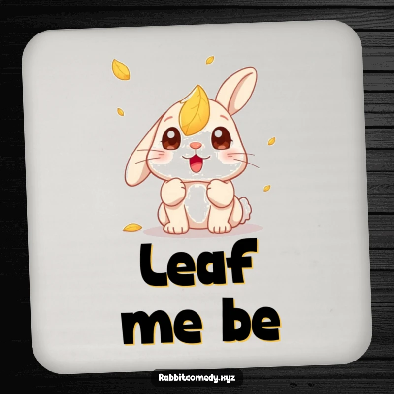 Funny Kawaii Rabbit Coaster: Set of coasters featuring a rabbit with wide, surprised eyes looking at a falling autumn leaf.