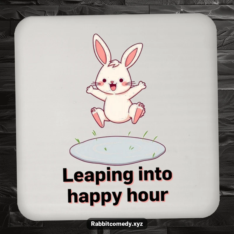 Funny drink coasters featuring a determined rabbit leaping over a tiny puddle, offering surface protection with flair.