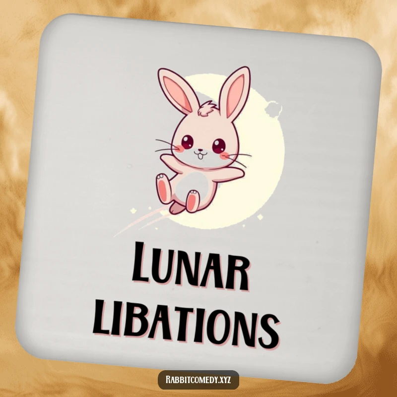 Funny Coaster: A determined kawaii rabbit leaps over a moonbeam, adding humorous and magical flair to protect your tables.