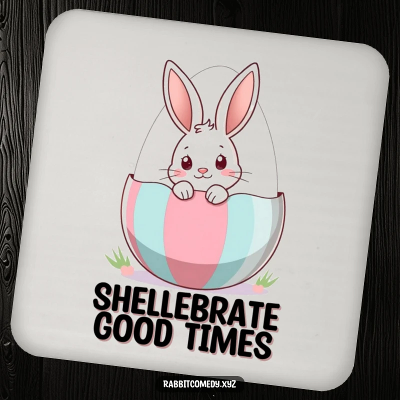 Funny Coaster featuring a curious rabbit peeking from an Easter egg, adding a playful and protective touch to any table.