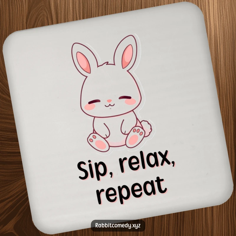 Funny drink coaster, a content rabbit character sitting peacefully, eyes closed with a calm smile, a serene and protective accessory.
