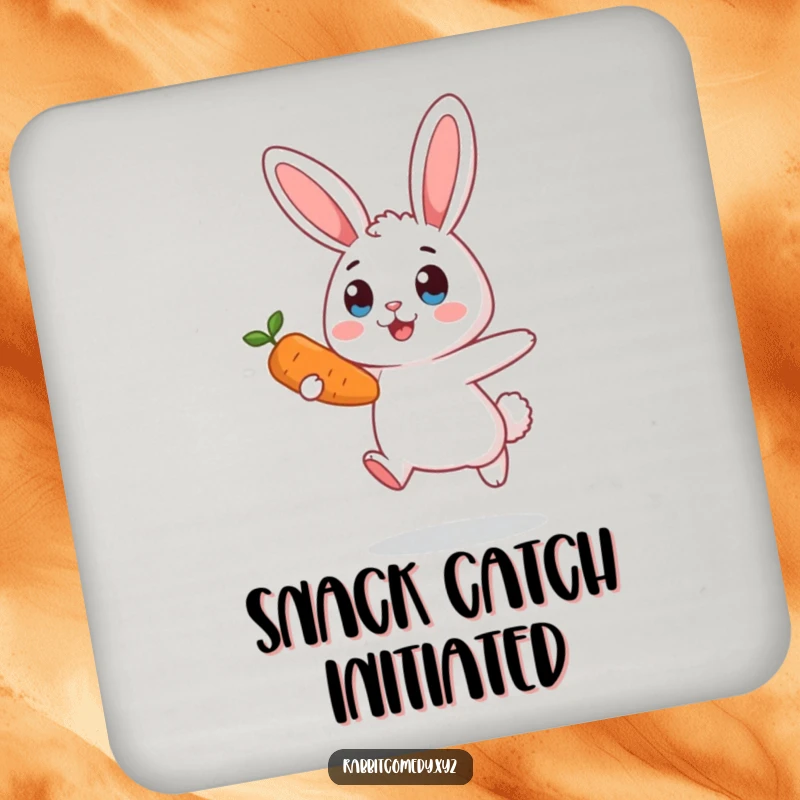 Funny surprised rabbit coaster, mid-air, eyes wide, carrot in sight, a comical design to protect tables and add humor.