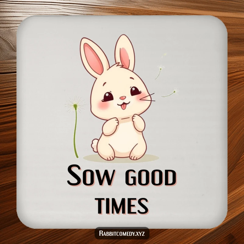 Funny kawaii rabbit drink coaster, a charming illustration of a giggling rabbit blowing dandelion seeds, adding humor to your table.