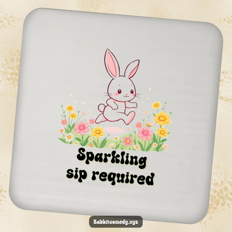 Funny drink coaster, an energetic rabbit character dashing through flowers, leaving a trail of sparkles, a fun and protective accessory.
