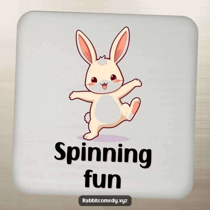 Funny Coaster: A happy rabbit with extended ears performs a cartwheel, safeguarding surfaces with humor.