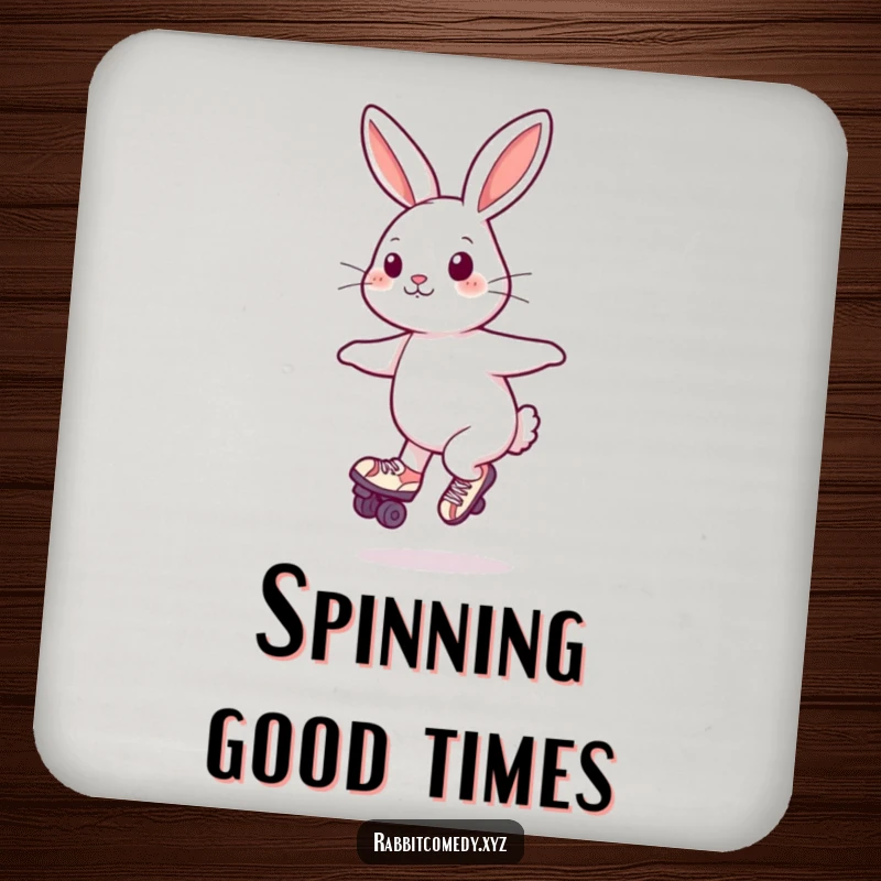 Funny Coaster: An absorbent coaster featuring a playful rabbit in roller skates, captured mid-spin.