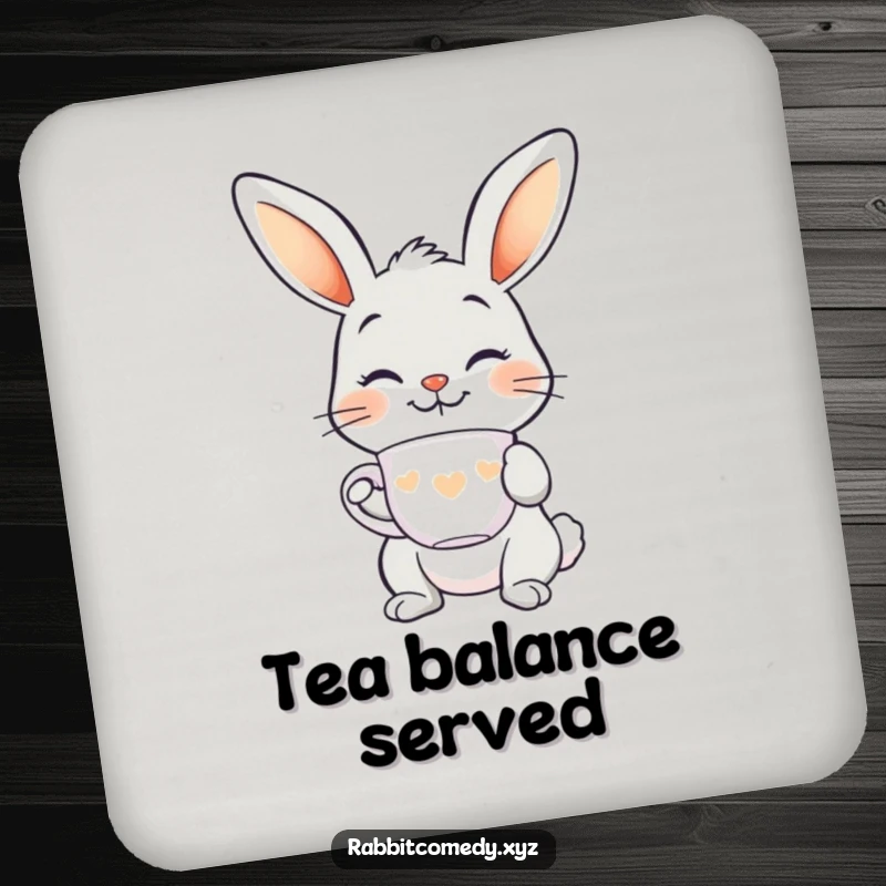Funny smiling rabbit coaster, balancing a teacup on its nose, chic and humorous art for surface protection.