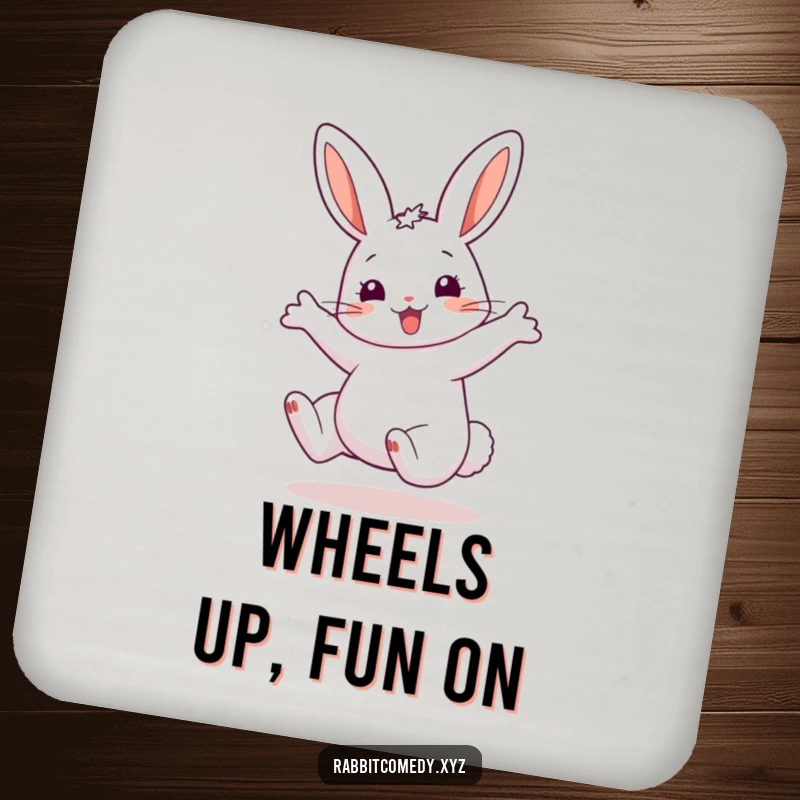 Funny Drink Coaster with a happy rabbit doing a cartwheel, exaggerated ears conveying motion, protecting surfaces with whimsical charm.