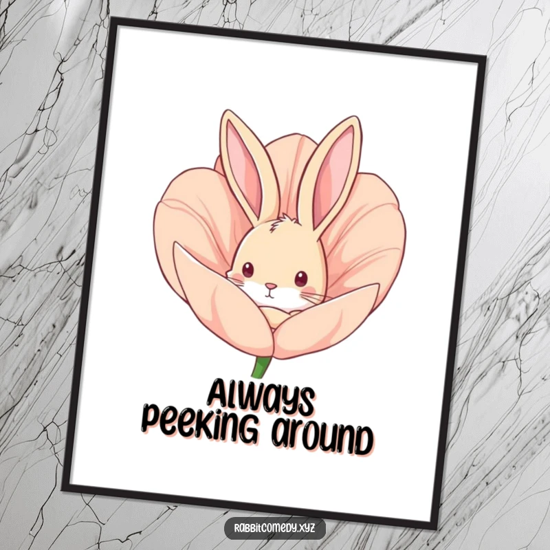 Funny poster art of a curious rabbit peeking from behind a large flower bud, creating a delightful and whimsical scene.