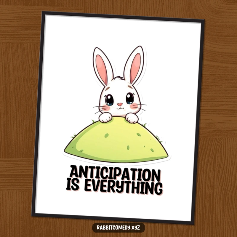 Funny poster of a stylized rabbit peeking over a hill, eyes wide with anticipation, creating a whimsical and humorous art piece for decor.