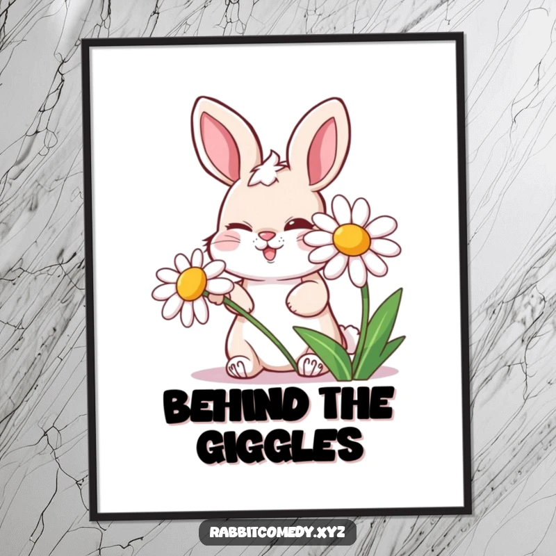 Funny poster art of a mischievous rabbit winking while hiding behind a laughing daisy, conveying playful secrets.