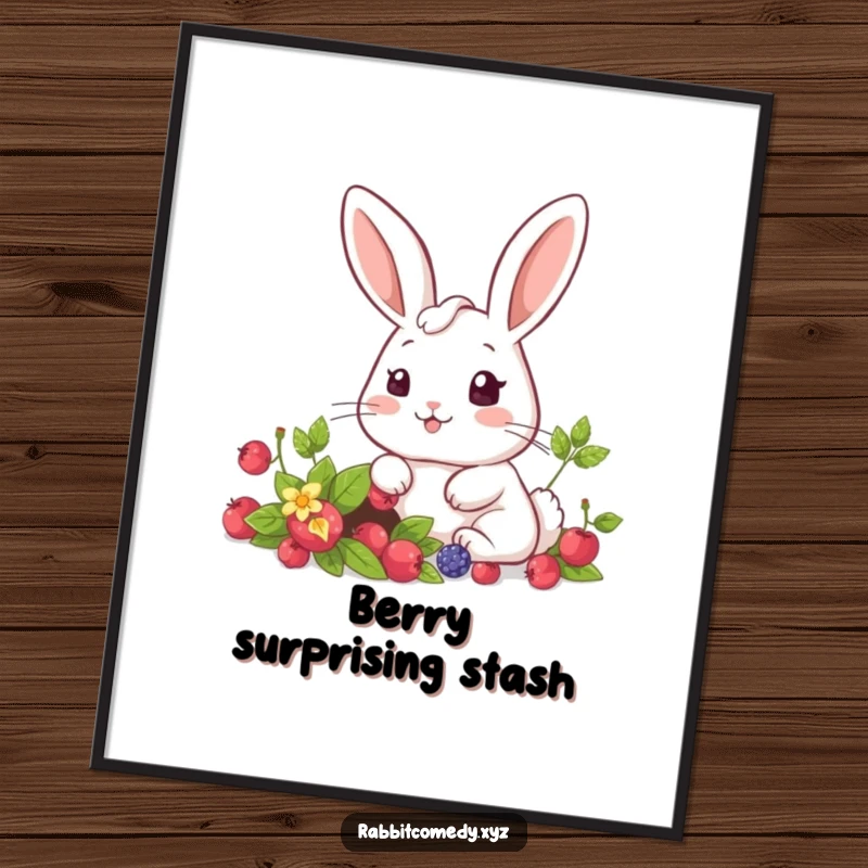 Funny kawaii rabbit looking amazed by a secret patch of ripe berries, a charming and surprising poster for any wall.