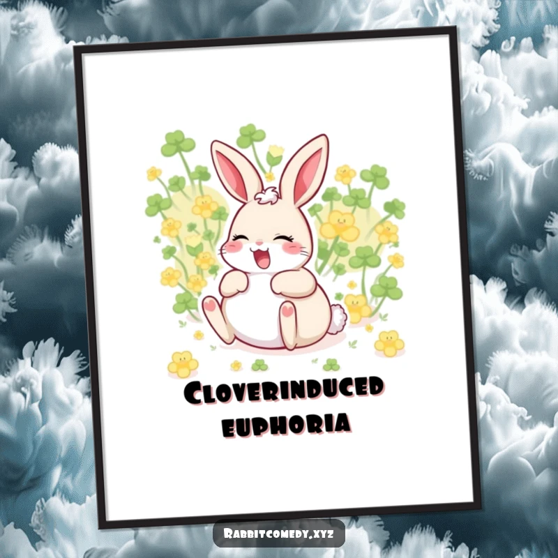 Funny giggling rabbit, belly up, rolling in clover, pure happiness, humorous wall art.