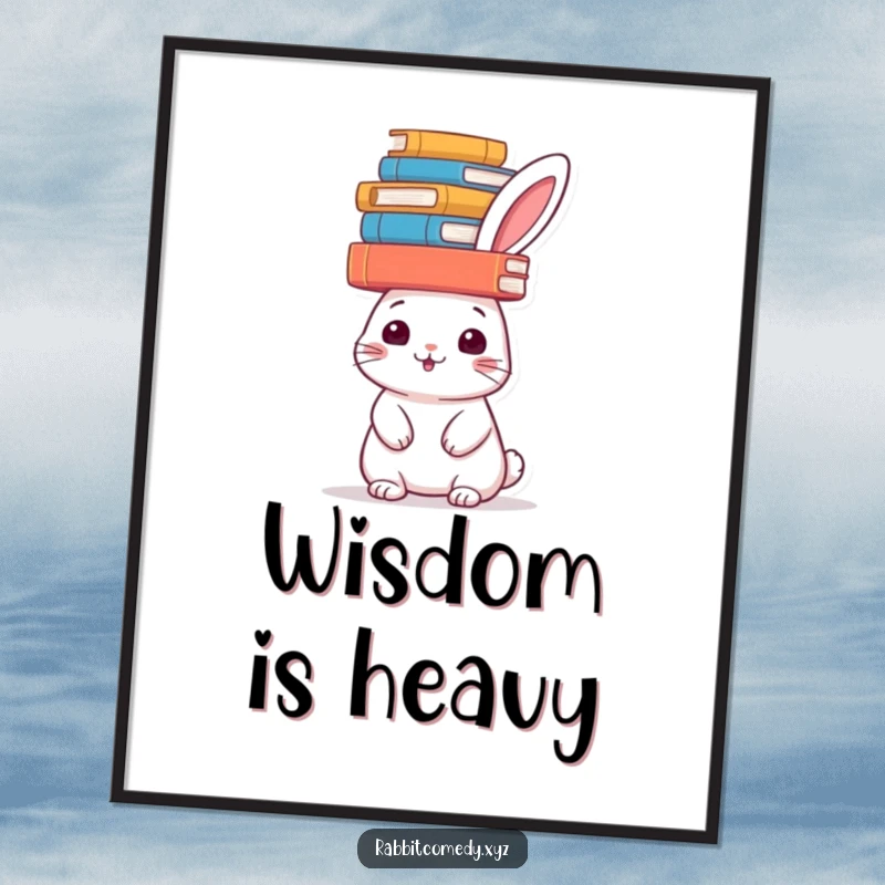 Funny rabbit balancing a stack of books on its head on a poster, radiating intelligence and charm, a wall art funny gift.