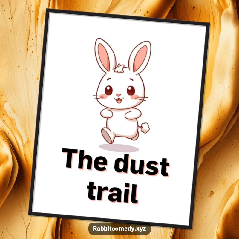Funny happy rabbit character dashing forward, leaving a puff of dust on a humorous poster, ideal wall art.