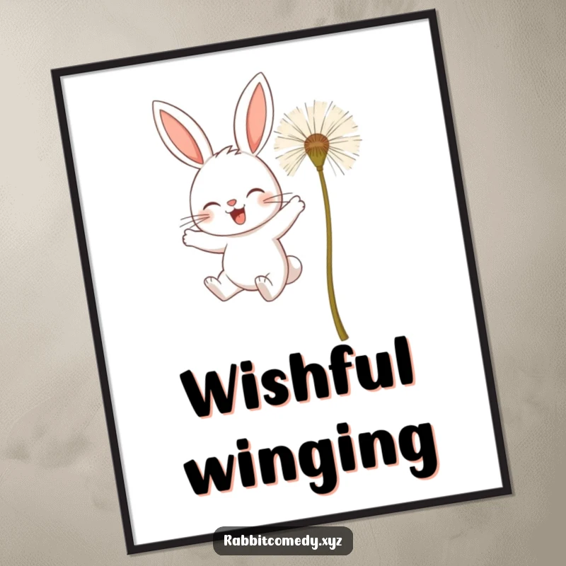 Funny poster showcasing a determined rabbit character attempting to fly using giant dandelion seeds, a humorous depiction of ambition.