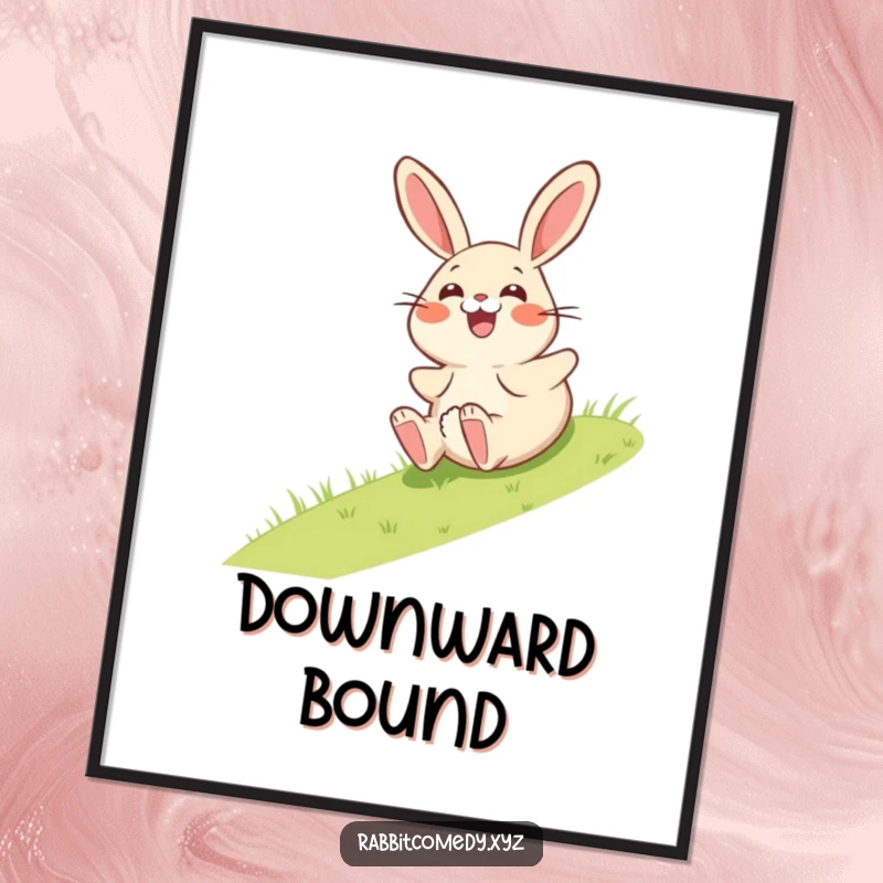 Funny poster showcasing a giggling rabbit character comically rolling down a grassy incline, embodying pure surprised joy.