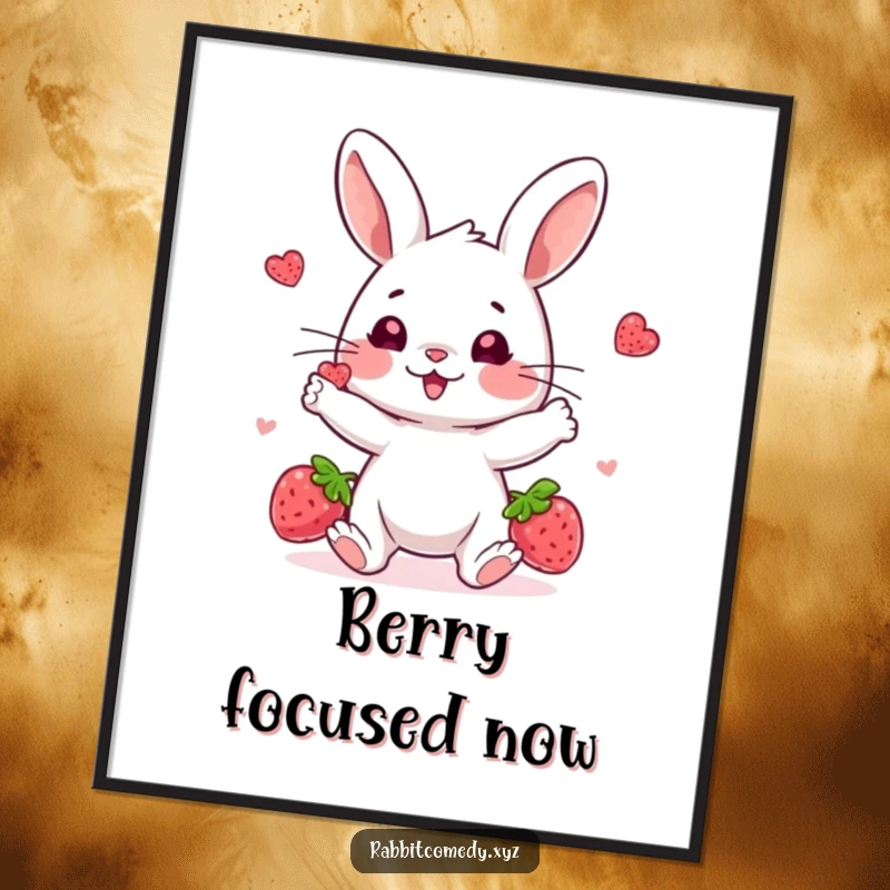 Funny wall art poster, a playful rabbit character skillfully juggling three shiny berries with a look of concentrated happiness, vibrant and amusing.