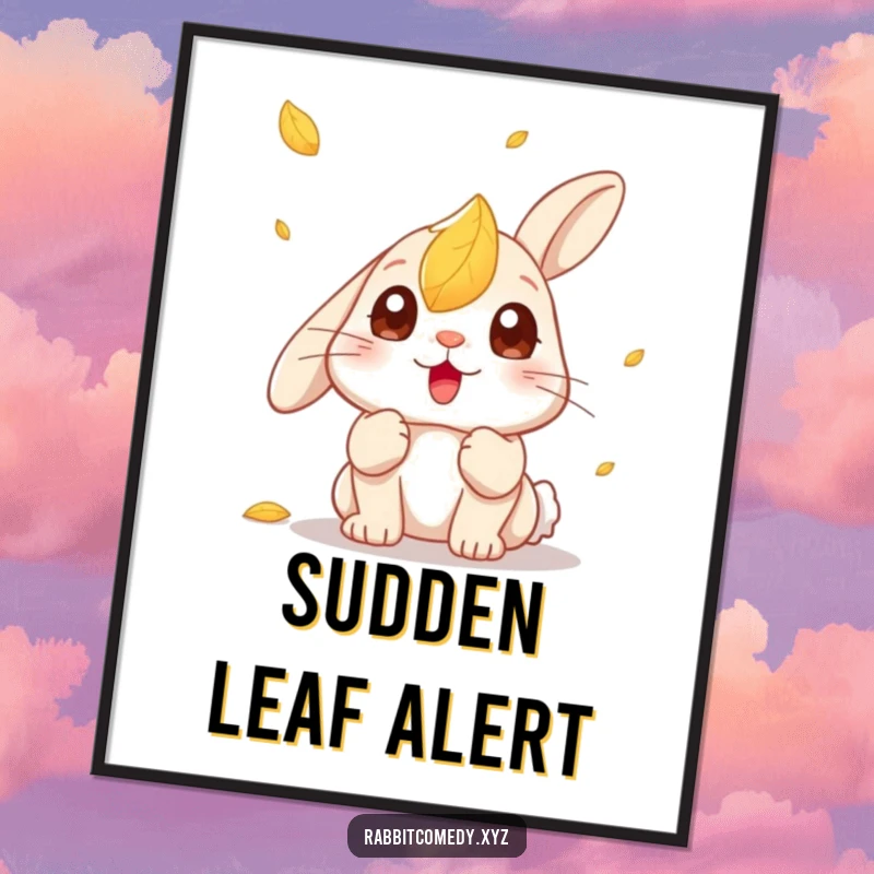 Funny Kawaii Rabbit Poster: Charming illustration of a rabbit with large, surprised eyes looking at a falling leaf.