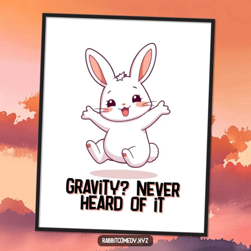 Funny Poster of a happy rabbit executing a cartwheel with dramatically exaggerated ears, capturing a moment of pure, silly joy.