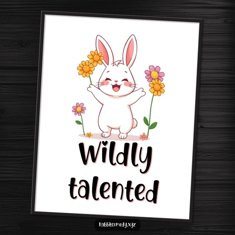 Funny poster print of a cheerful rabbit character joyfully juggling three colorful wildflowers against a clean background.