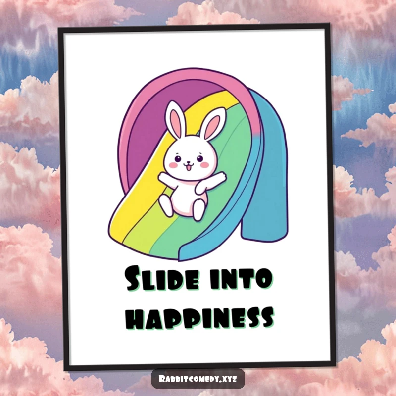 Funny Poster: A kawaii rabbit gleefully slides down a rainbow, creating a humorous and vibrant piece of wall art.