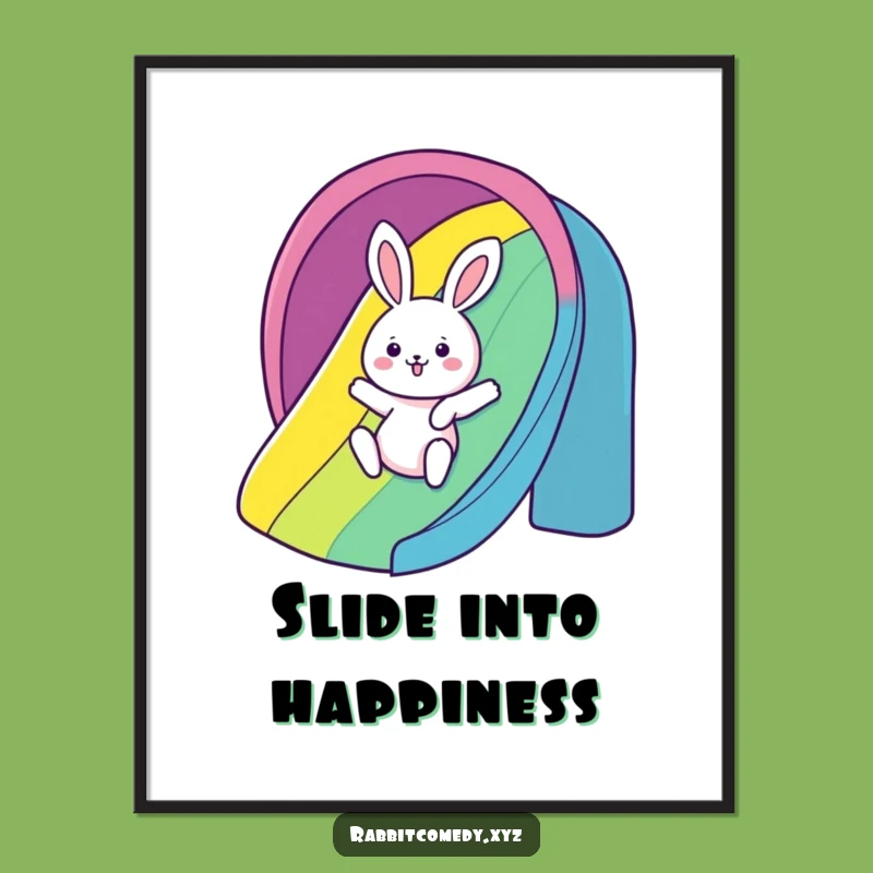 Funny Rainbow Slide Rabbit Poster: Gleeful Character Art - Humorous Decor Gift!