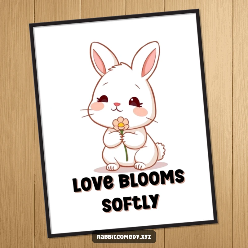Funny shy rabbit blushing, offering a flower on a poster, radiating tenderness and affection, a wall art funny gift.