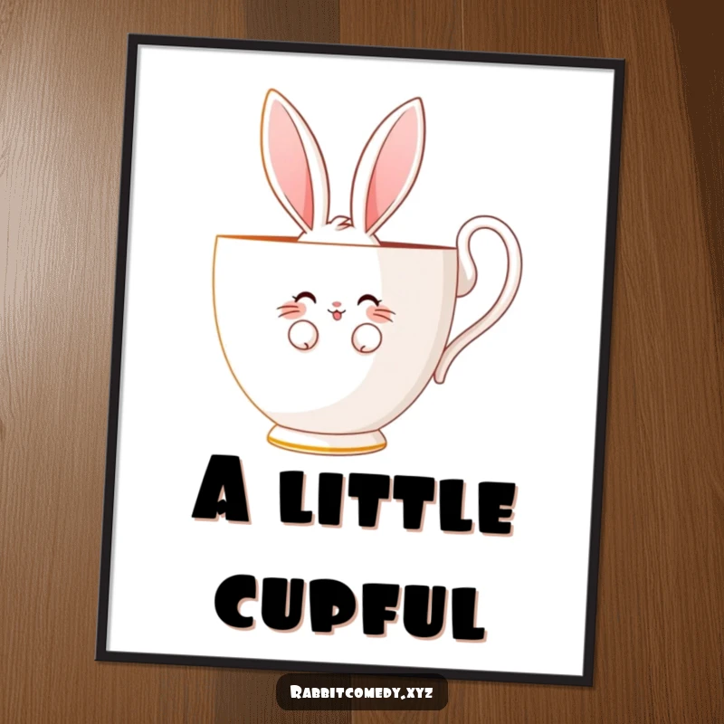 Funny poster showcasing a shy rabbit character peeking bashfully from behind a giant teacup, with a sweet, endearing smile.