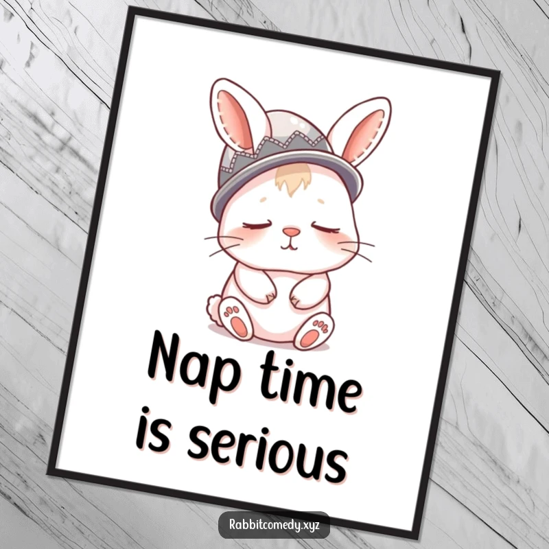 Funny poster art of a sleepy rabbit wearing a thimble as a hat, exuding adorable exhaustion and charm.