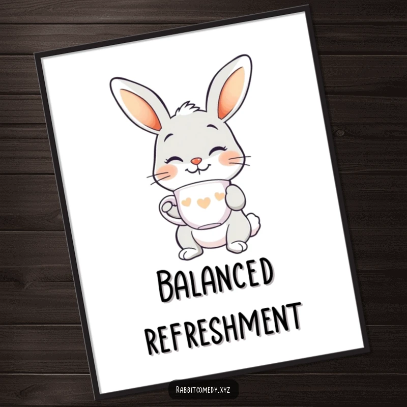Funny smiling rabbit poster, balancing a teacup on its nose, elegant and whimsical wall art for a touch of class.
