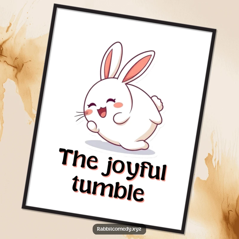 Funny round rabbit character joyfully tumbling end over end on a humorous poster, ideal wall art.